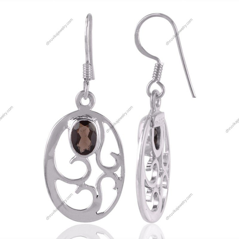 Elegant silver dangle earrings with smoky quartz gemstone and filigree design view1