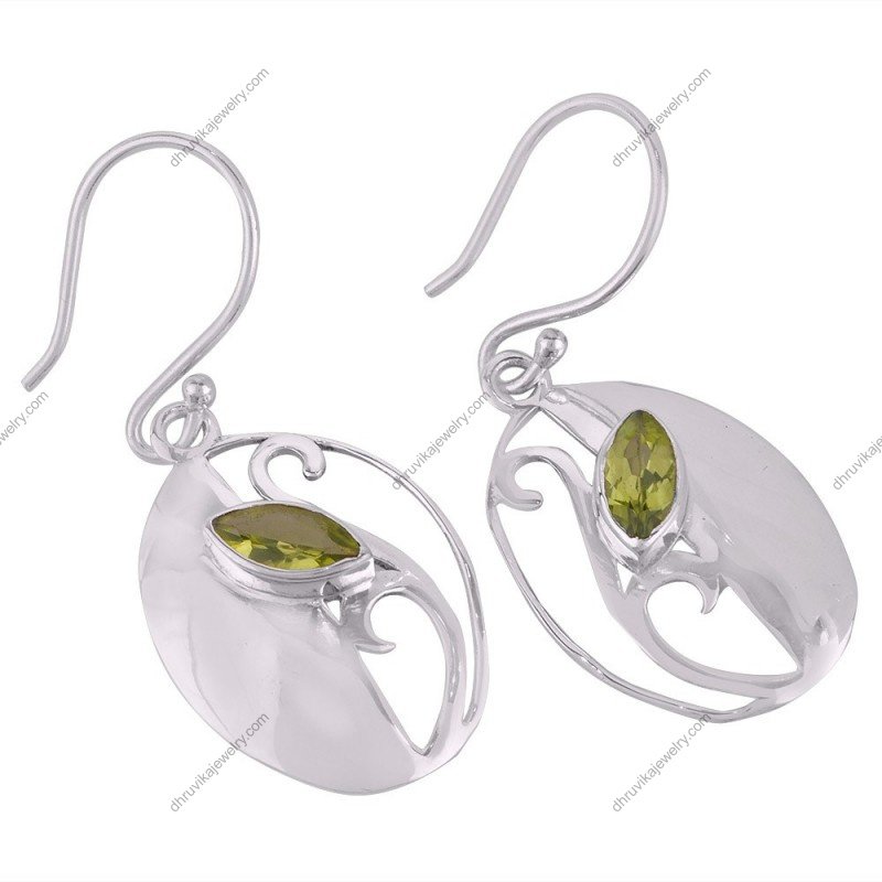 Sterling silver earrings with peridot gemstone, intricate swirl design, handcrafted elegance. alternate image