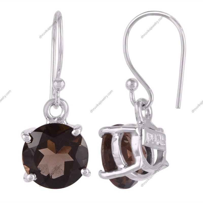 Elegant silver smoky quartz dangle earrings in sterling silver setting view1