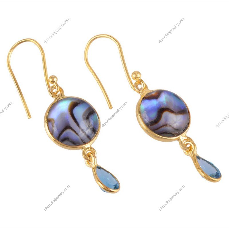 Silver abalone shell earrings with blue topaz drops, handcrafted for elegance and sparkle alternate image