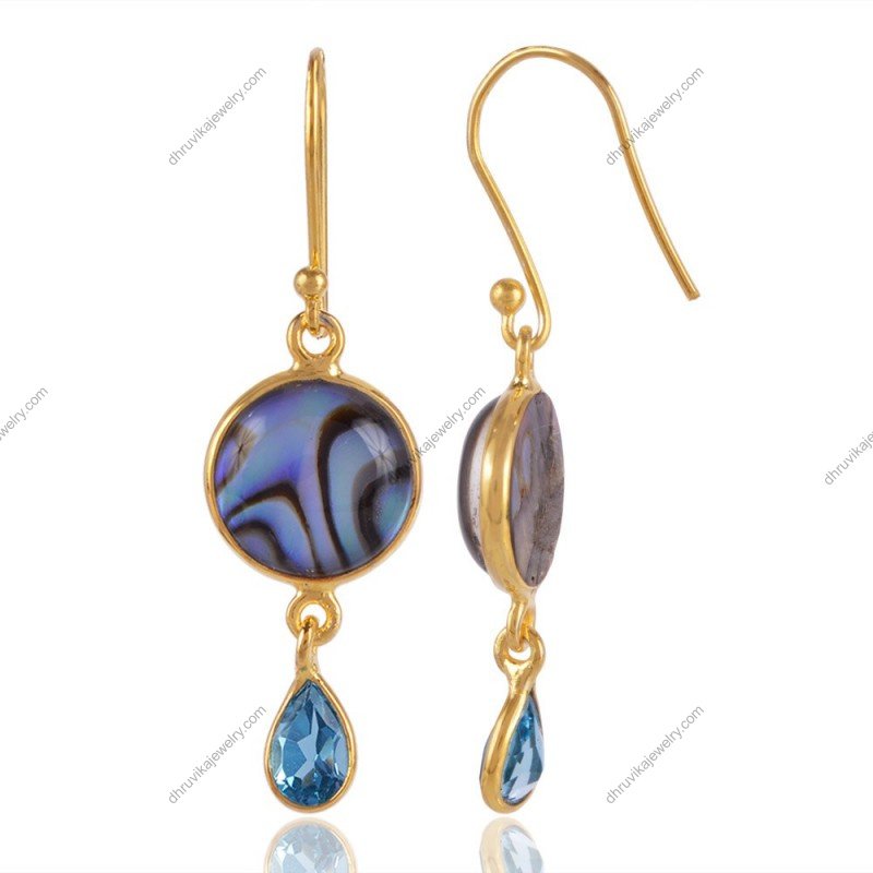 Silver abalone shell earrings with blue topaz drops, handcrafted for elegance and sparkle view1