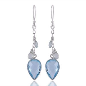 Silver blue topaz dangle earrings with pear-cut gemstones and sterling silver chain main view