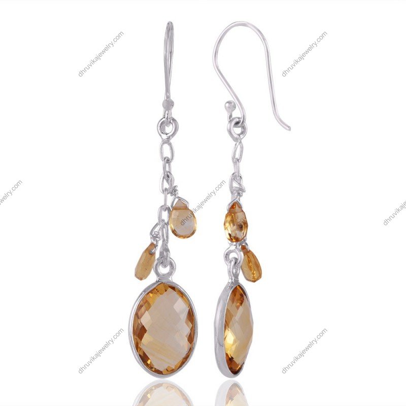 Silver citrine dangle earrings with faceted gemstones in sterling silver view1