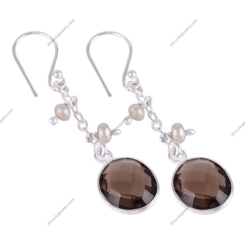 Silver smoky quartz dangle earrings with freshwater pearls in sterling silver alternate image