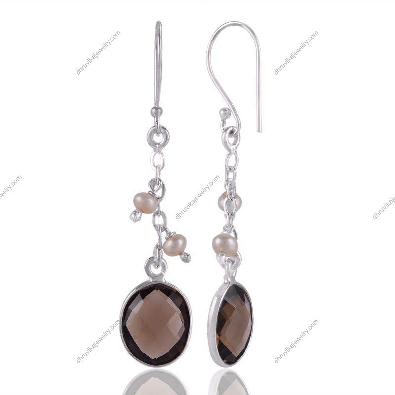 Silver smoky quartz dangle earrings with freshwater pearls in sterling silver view1