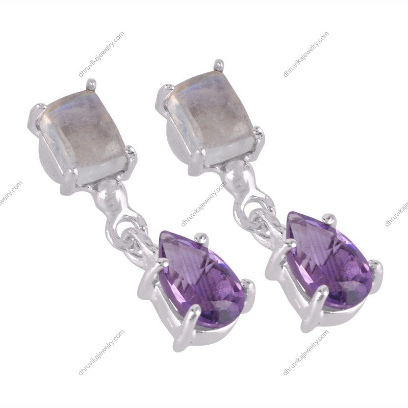 Silver amethyst and moonstone dangle earrings in sterling silver with pear-cut gemstones alternate image