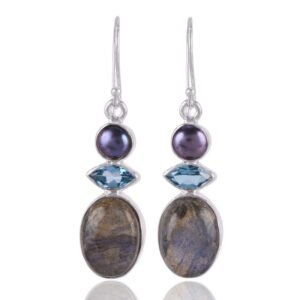 Sterling silver labradorite dangle earrings with blue topaz and freshwater pearls main view