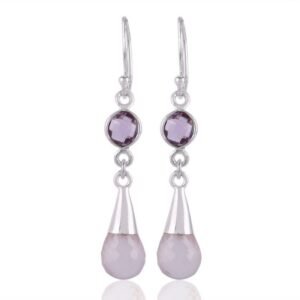 Sterling silver amethyst and rose quartz drop earrings with faceted gemstones main view