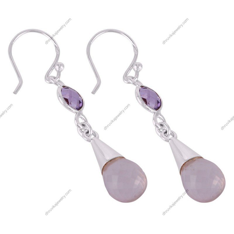Sterling silver amethyst and rose quartz drop earrings with faceted gemstones alternate image