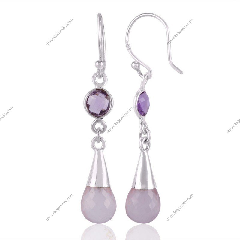 Sterling silver amethyst and rose quartz drop earrings with faceted gemstones view1