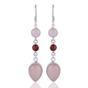 Elegant sterling silver rose quartz and garnet dangle earrings with gemstone drops main view