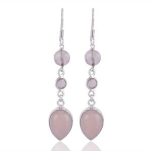 Elegant silver rose quartz dangle earrings in sterling silver with teardrop gemstone design main view