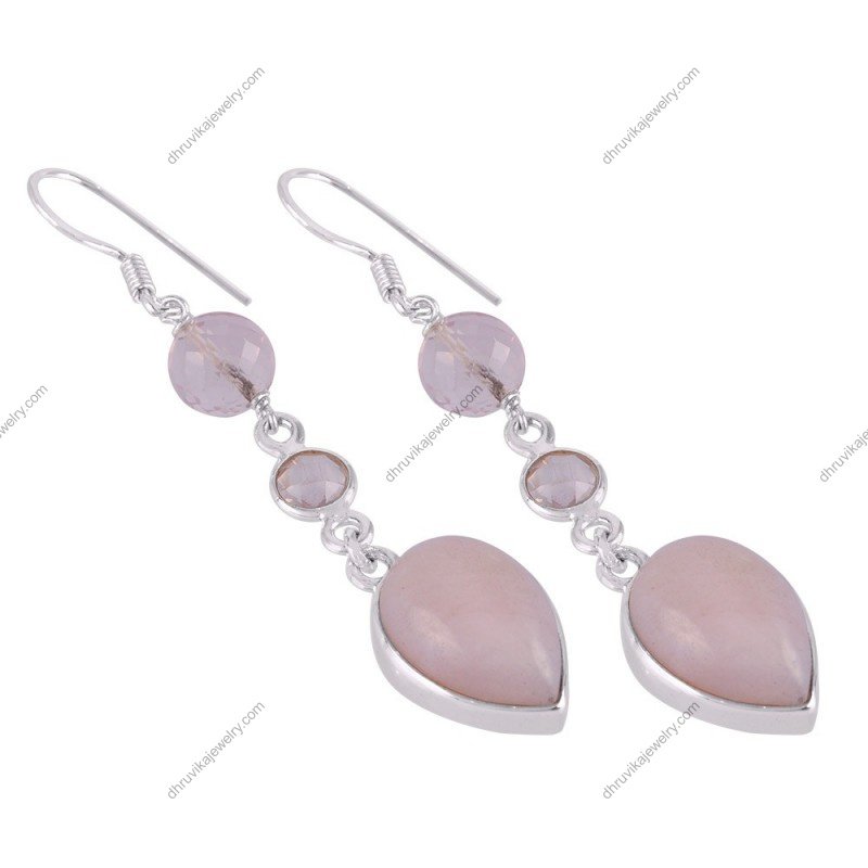 Elegant silver rose quartz dangle earrings in sterling silver with teardrop gemstone design alternate image