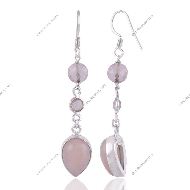 Elegant silver rose quartz dangle earrings in sterling silver with teardrop gemstone design view1