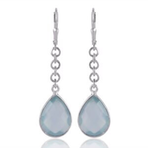 Elegant silver dangle earrings with blue chalcedony gemstones and sterling silver chain links main view