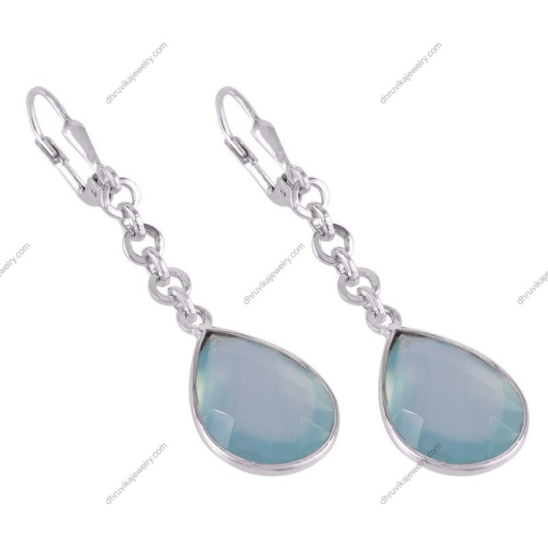 Elegant silver dangle earrings with blue chalcedony gemstones and sterling silver chain links alternate image