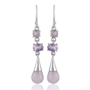 Sterling silver amethyst and rose quartz dangle earrings with gemstones main view