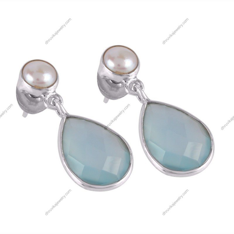 Silver pearl and aqua chalcedony drop earrings in sterling silver alternate image