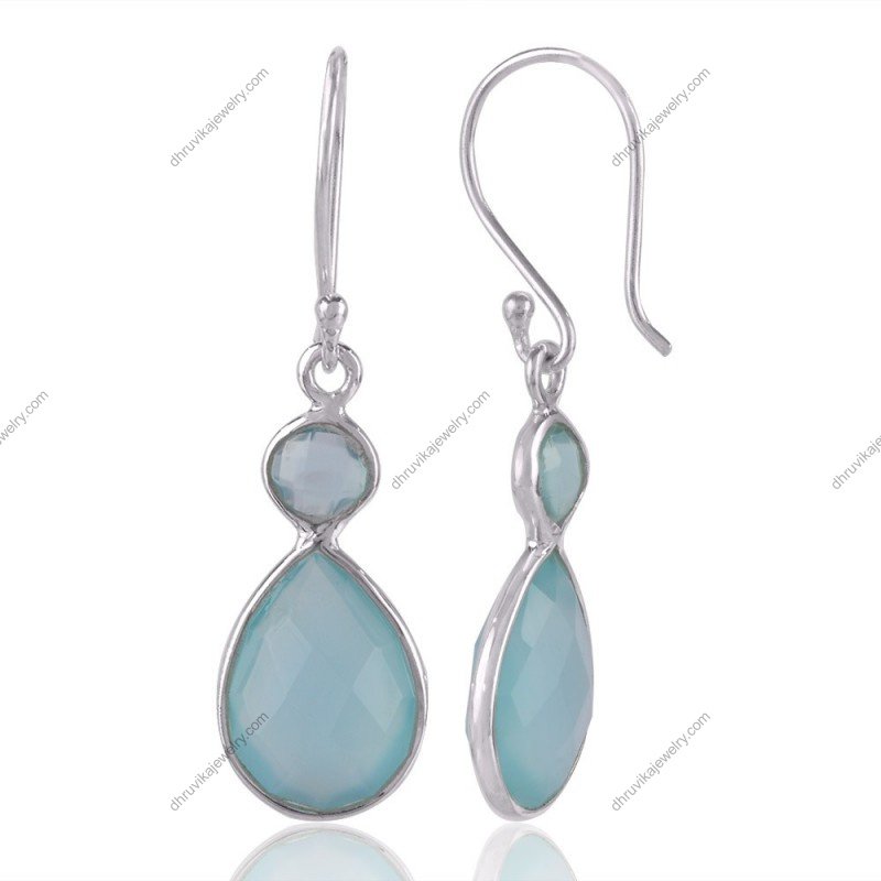 Elegant silver teardrop earrings featuring blue chalcedony gemstones in sterling silver setting view1