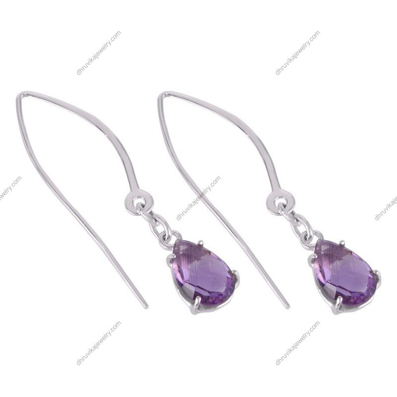 Silver amethyst dangle earrings with pear-cut purple gemstones set in sterling silver alternate image