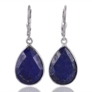 Sterling silver lapis lazuli teardrop earrings with deep blue gemstones and gold flecks main view