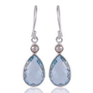 Silver blue topaz and pearl drop earrings in 925 sterling silver main view