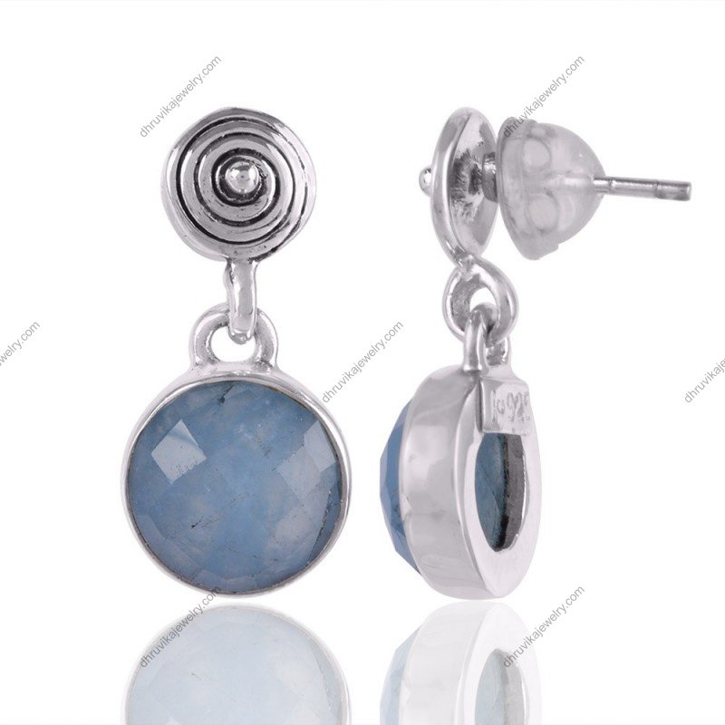 Sterling silver aquamarine drop earrings with faceted gemstones, reflecting a serene oceanic blue hue view1