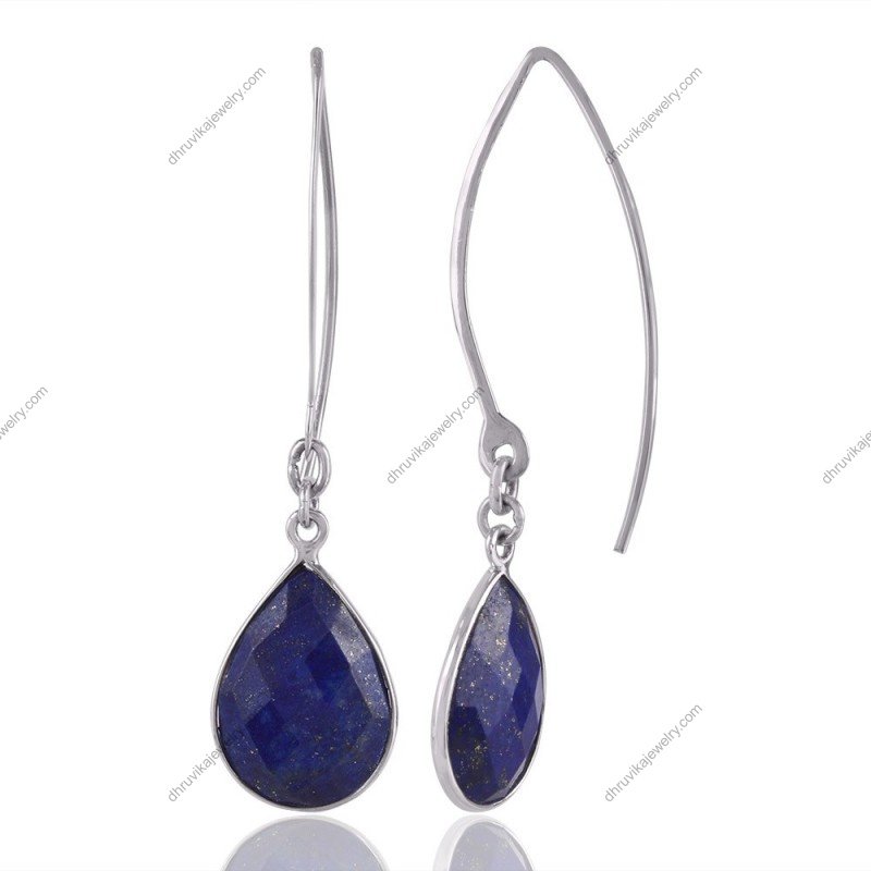 Elegant silver lapis lazuli drop earrings with sterling silver hooks view1