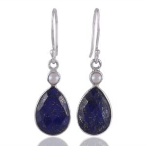 Sterling silver lapis lazuli earrings with pearl accents in teardrop design main view