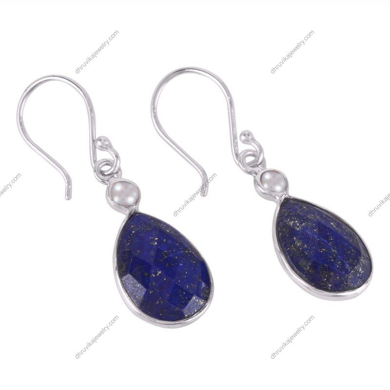 Sterling silver lapis lazuli earrings with pearl accents in teardrop design alternate image