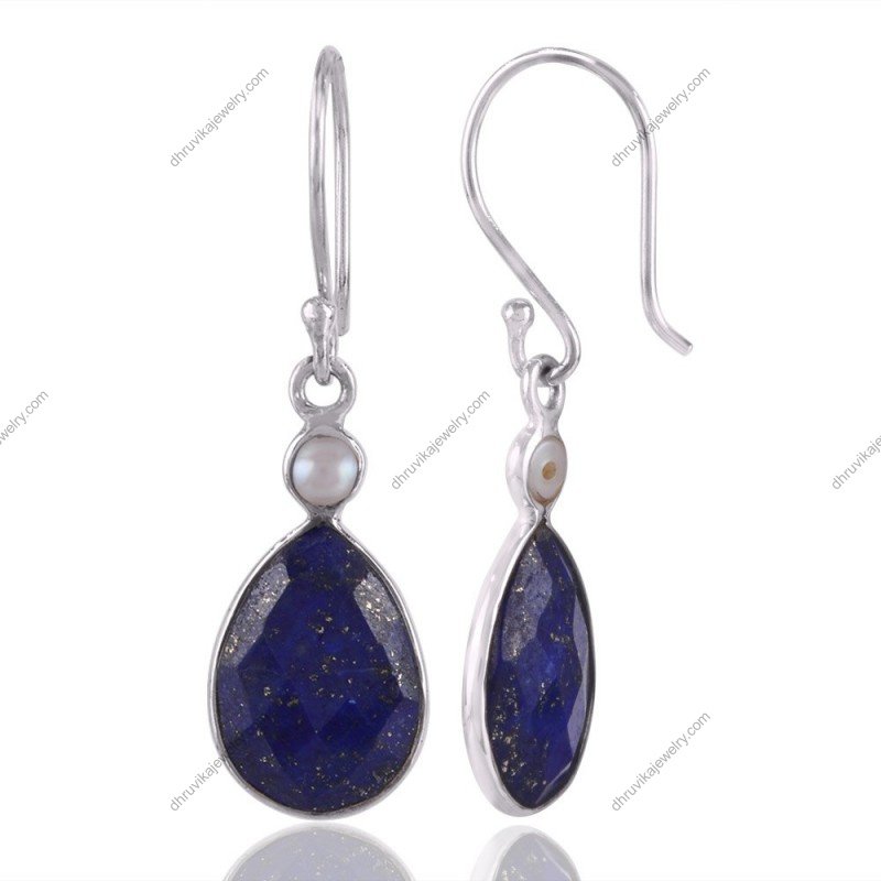 Sterling silver lapis lazuli earrings with pearl accents in teardrop design view1