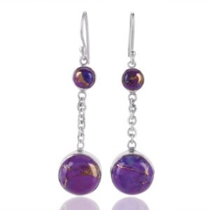 Sterling silver purple gemstone dangle earrings with gold veining, elegant design main view