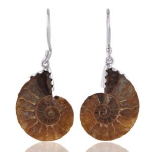 Sterling silver ammonite fossil earrings with natural spiral design main view