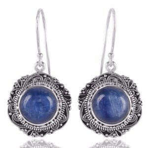 Sterling silver blue kyanite dangle earrings with intricate vintage-inspired detailing main view