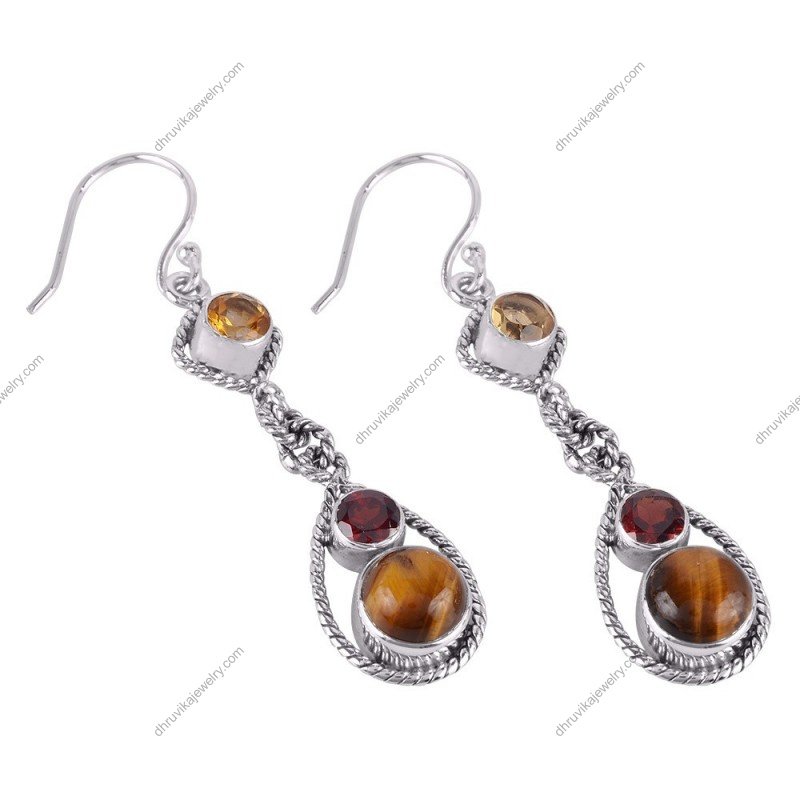 Sterling silver dangle earrings with tiger’s eye and garnet gemstones, handcrafted jewelry alternate image