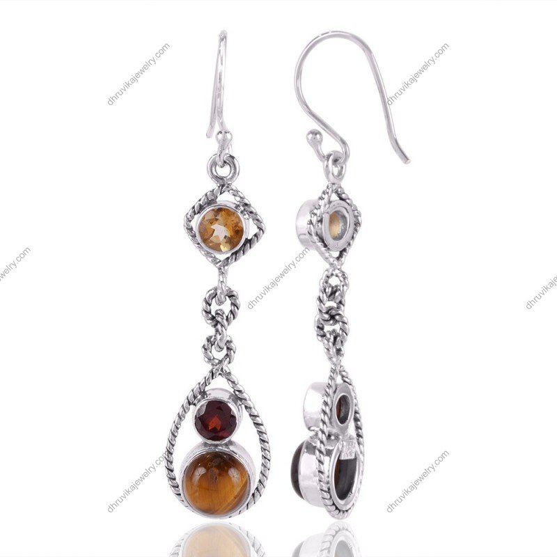 Sterling silver dangle earrings with tiger’s eye and garnet gemstones, handcrafted jewelry view1