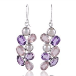 Sterling silver amethyst & pearl dangle earrings with rose quartz and freshwater pearls main view