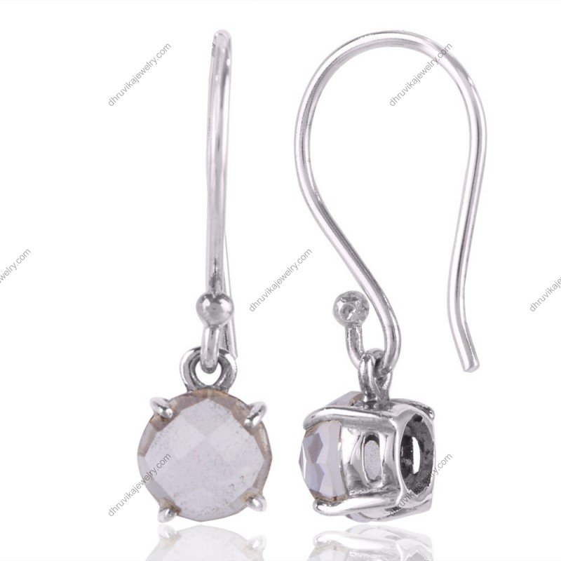Sterling silver drop earrings with faceted gemstone in a prong setting, elegant minimalist design. view1