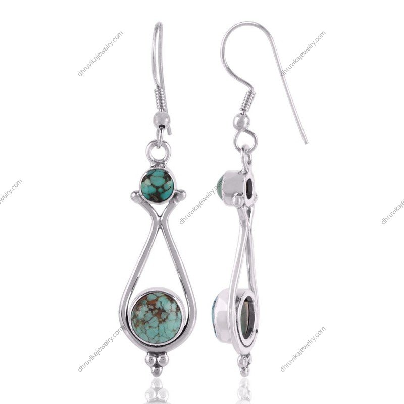 Sterling silver turquoise dangle earrings with handcrafted detailing and bohemian design view1