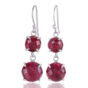 Elegant silver ruby dangle earrings with faceted gemstones in sterling silver setting main view