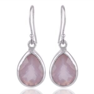 Sterling silver rose quartz dangle earrings with teardrop gemstone design main view