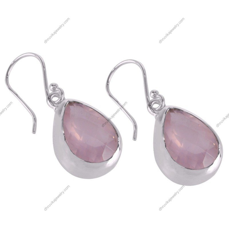 Sterling silver rose quartz dangle earrings with teardrop gemstone design alternate image
