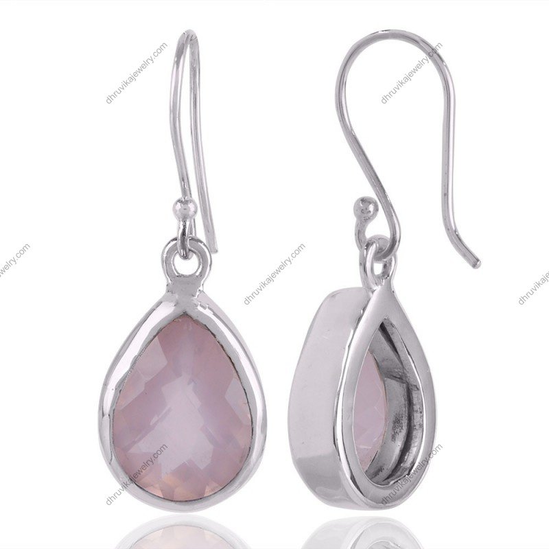 Sterling silver rose quartz dangle earrings with teardrop gemstone design view1
