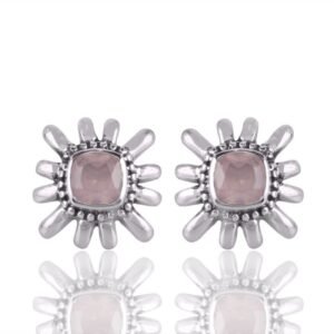 Sterling silver rose quartz stud earrings with sunburst design, handcrafted for elegance. main view