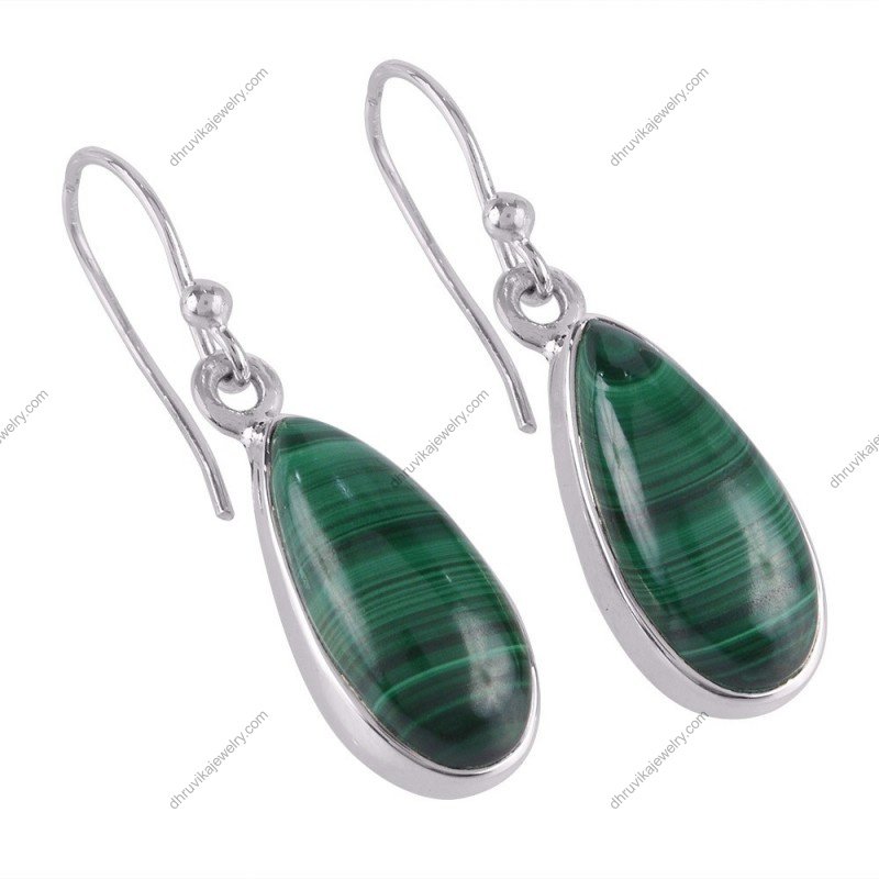 Silver malachite drop earrings in sterling silver with green gemstone alternate image
