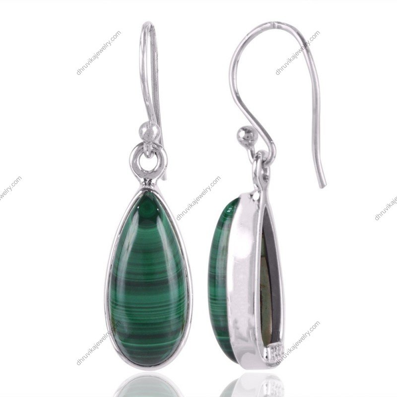 Silver malachite drop earrings in sterling silver with green gemstone view1