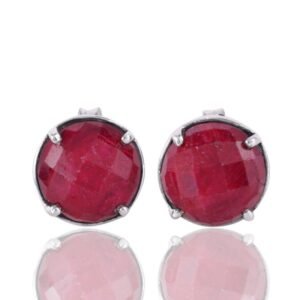 Sterling silver ruby stud earrings with faceted stones in a classic prong setting main view