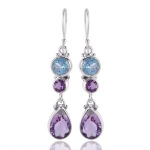 Sterling silver amethyst & blue topaz dangle earrings with faceted gemstones main view