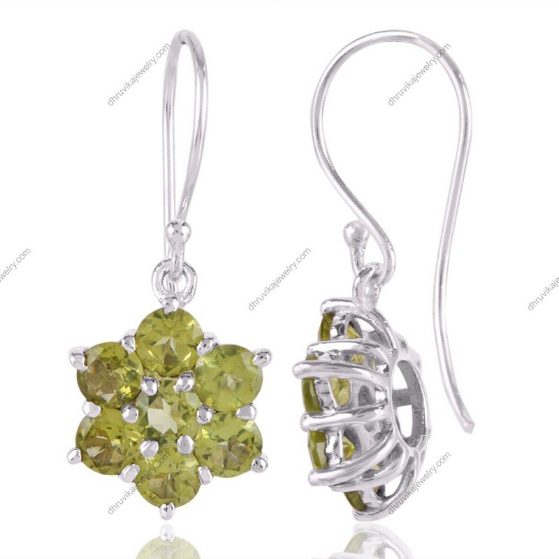 Sterling silver peridot flower earrings with floral design and vibrant green gemstones. view1