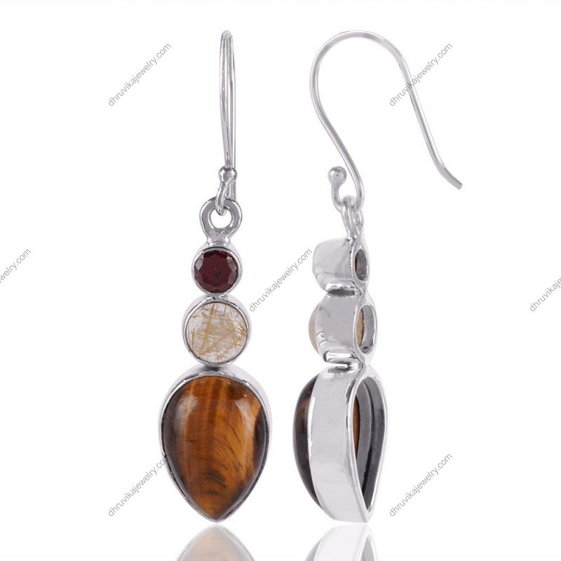 Sterling silver tiger's eye and garnet drop earrings with handcrafted design view1